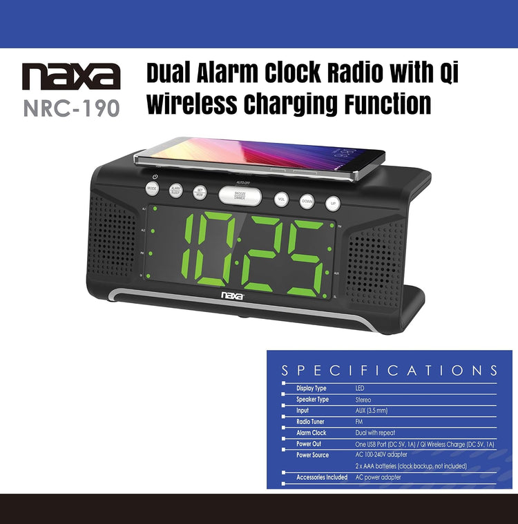 Radio-réveil double alarme avec chargeur sans fil Qi et radio FM (NRC-190) noir - Simple Boutique