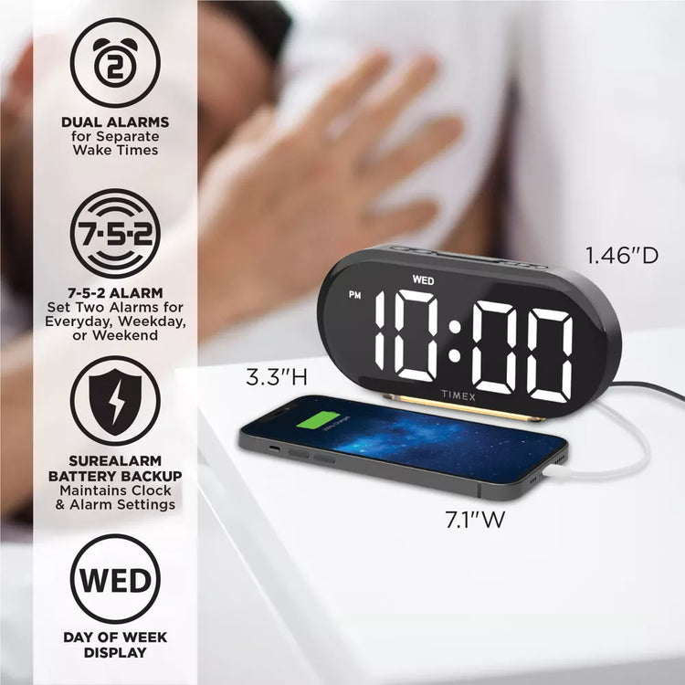Radio-réveil numérique avec grand affichage, veilleuse et port USB-C (T338) - Noir - Simple Boutique