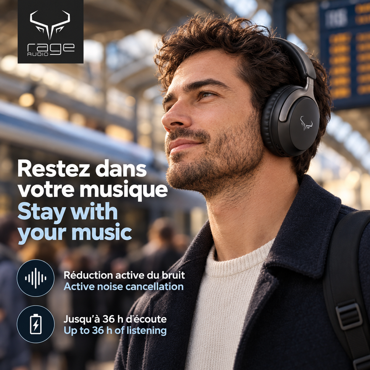 Rage Audio Casque d'Écoute Sans Fil à Réduction Active du Bruit, 36 h d'Autonomie, Noir - Simple Boutique
