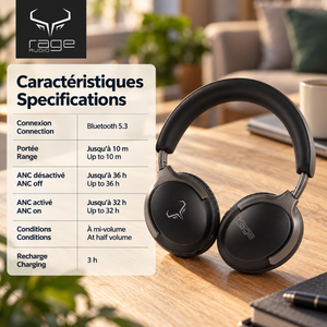 Rage Audio Casque d'Écoute Sans Fil à Réduction Active du Bruit, 36 h d'Autonomie, Noir - Simple Boutique