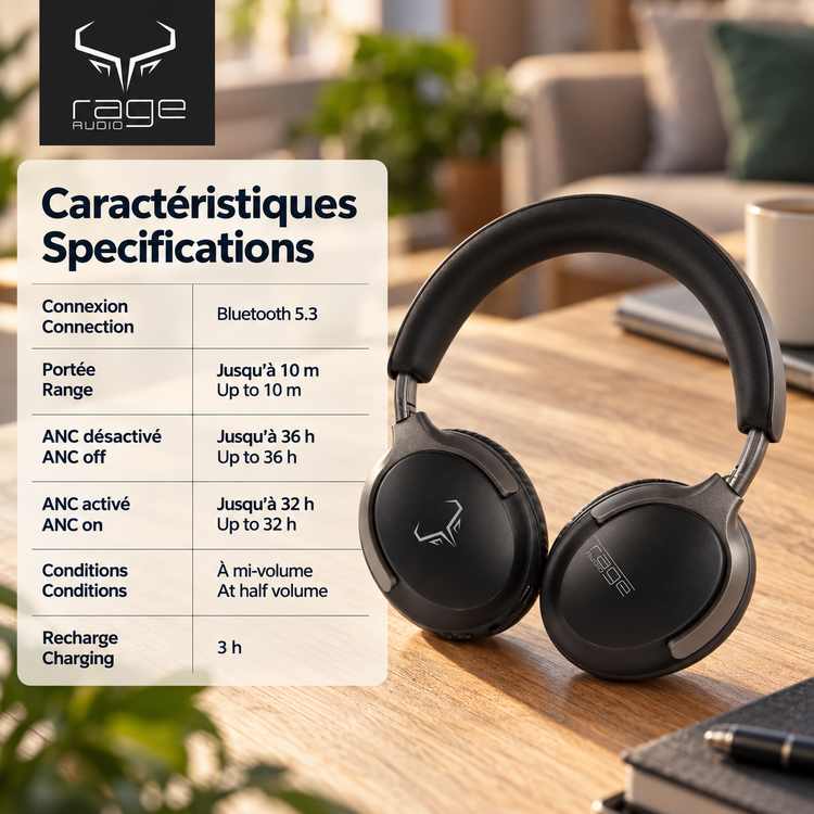 Rage Audio Casque d'Écoute Sans Fil à Réduction Active du Bruit, 36 h d'Autonomie, Noir - Simple Boutique