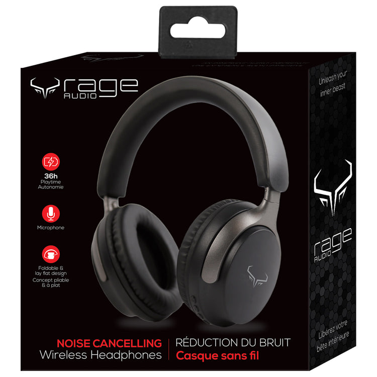 Rage Audio Casque d'Écoute Sans Fil à Réduction Active du Bruit, 36 h d'Autonomie, Noir - Simple Boutique