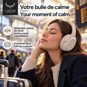 Rage Audio Casque d'Écoute Sans Fil à Réduction Active du Bruit, Pliable, Beige - Simple Boutique