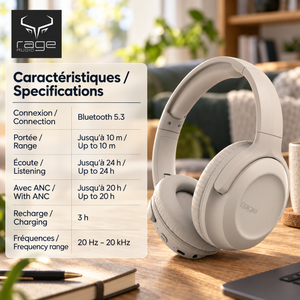 Rage Audio Casque d'Écoute Sans Fil à Réduction Active du Bruit, Pliable, Beige - Simple Boutique