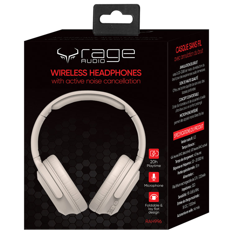 Rage Audio Casque d'Écoute Sans Fil à Réduction Active du Bruit, Pliable, Beige - Simple Boutique