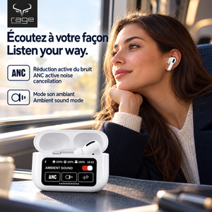 Rage Audio Écouteurs Sans Fil à Réduction de Bruit ANC et ENC avec Étui à Écran Tactile, Blanc - Simple Boutique