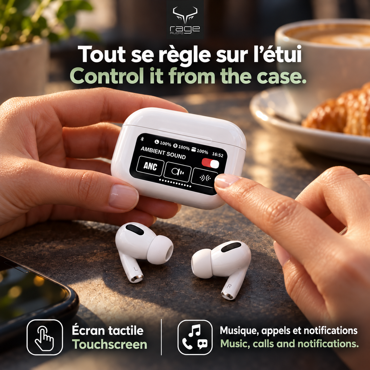 Rage Audio Écouteurs Sans Fil à Réduction de Bruit ANC et ENC avec Étui à Écran Tactile, Blanc - Simple Boutique
