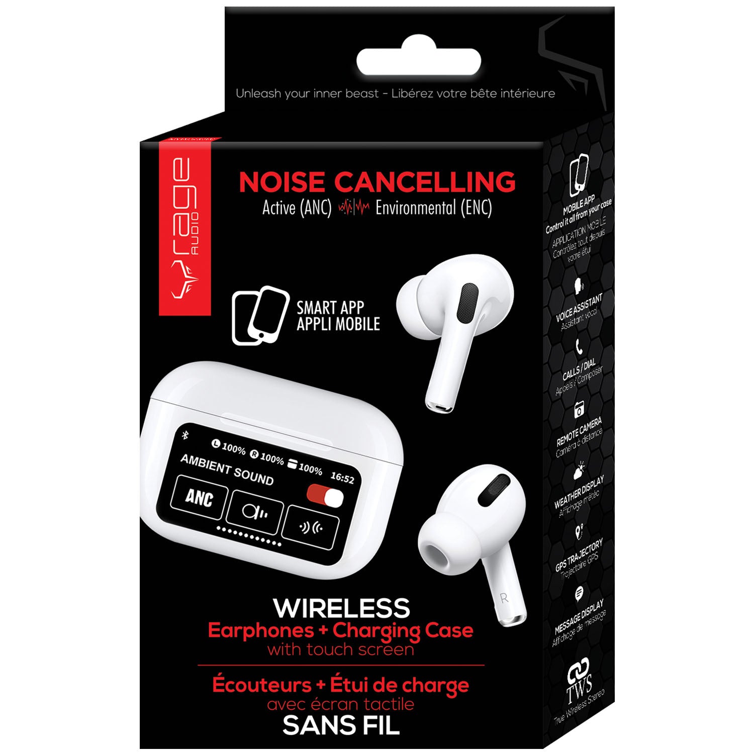 Rage Audio Écouteurs Sans Fil à Réduction de Bruit ANC et ENC avec Étui à Écran Tactile, Blanc - Simple Boutique