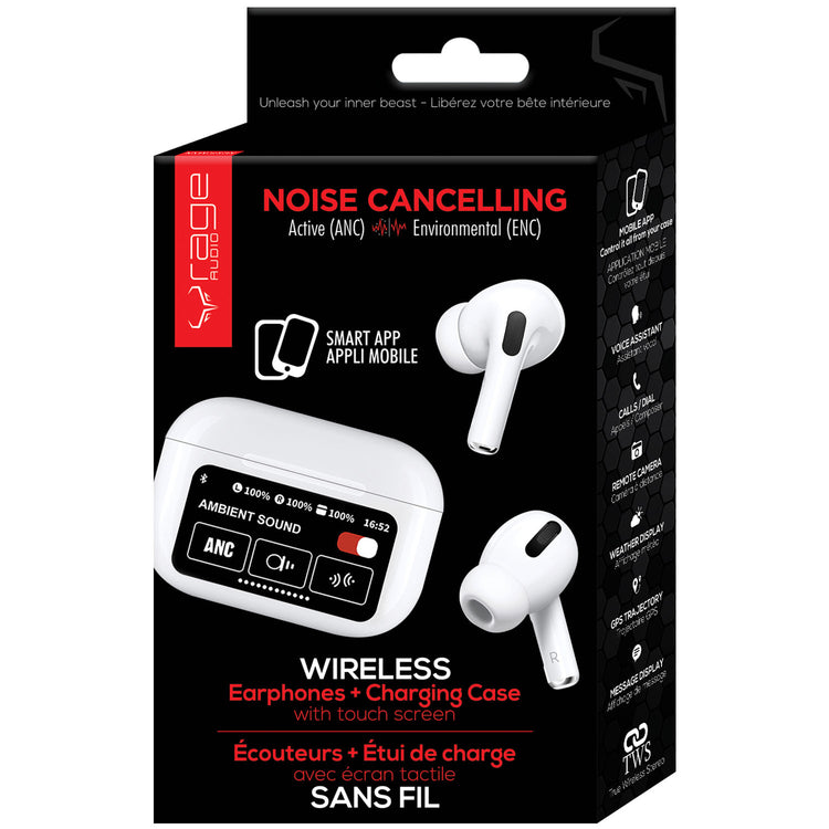 Rage Audio Écouteurs Sans Fil à Réduction de Bruit ANC et ENC avec Étui à Écran Tactile, Blanc - Simple Boutique