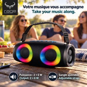 Rage Audio Haut-Parleur Sans Fil Portatif 2 x 6 W avec Lumières DEL RVB et Sangle, Noir - Simple Boutique