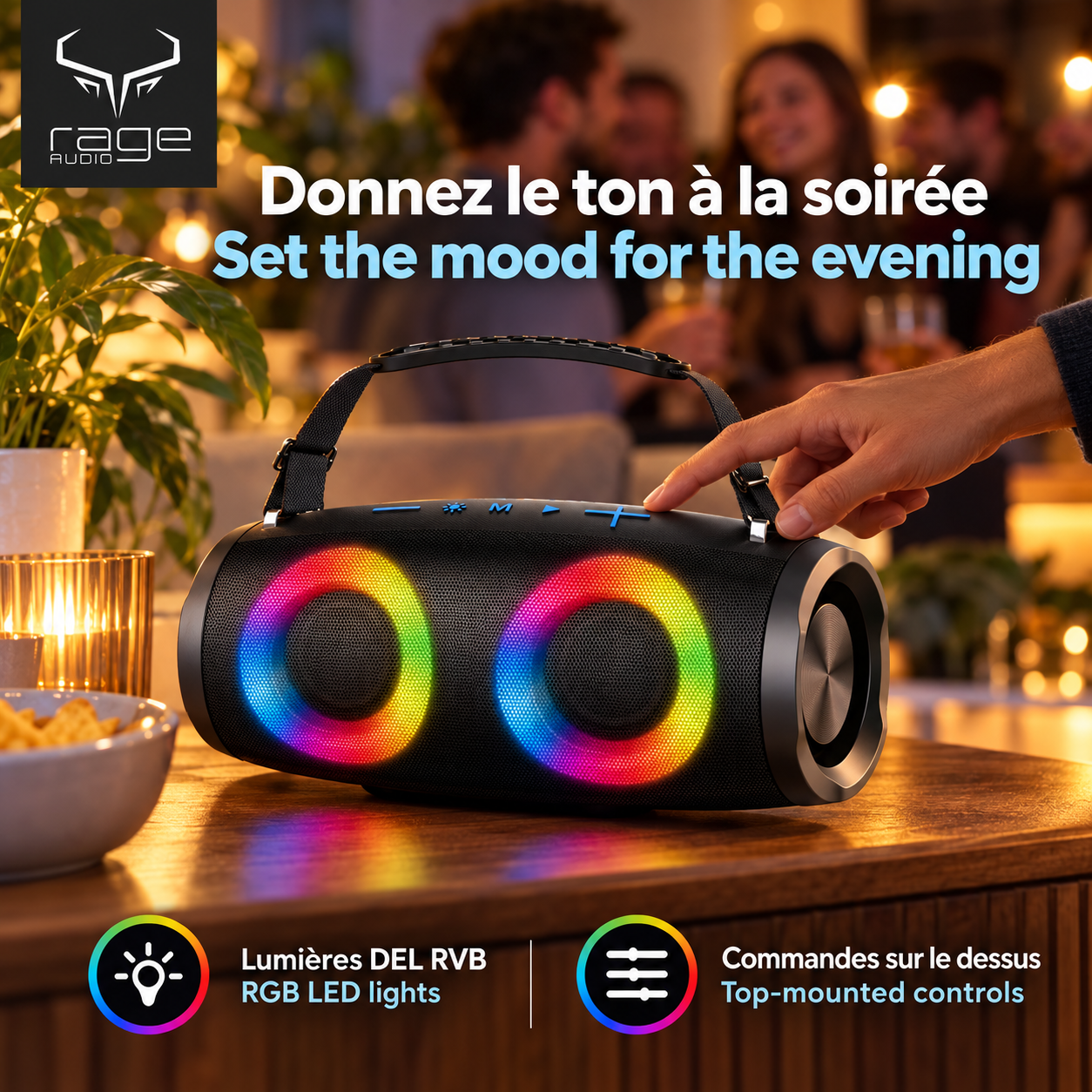 Rage Audio Haut-Parleur Sans Fil Portatif 2 x 6 W avec Lumières DEL RVB et Sangle, Noir - Simple Boutique