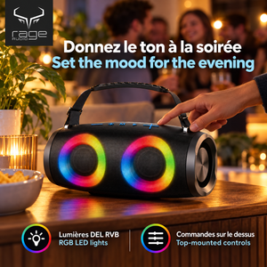 Rage Audio Haut-Parleur Sans Fil Portatif 2 x 6 W avec Lumières DEL RVB et Sangle, Noir - Simple Boutique