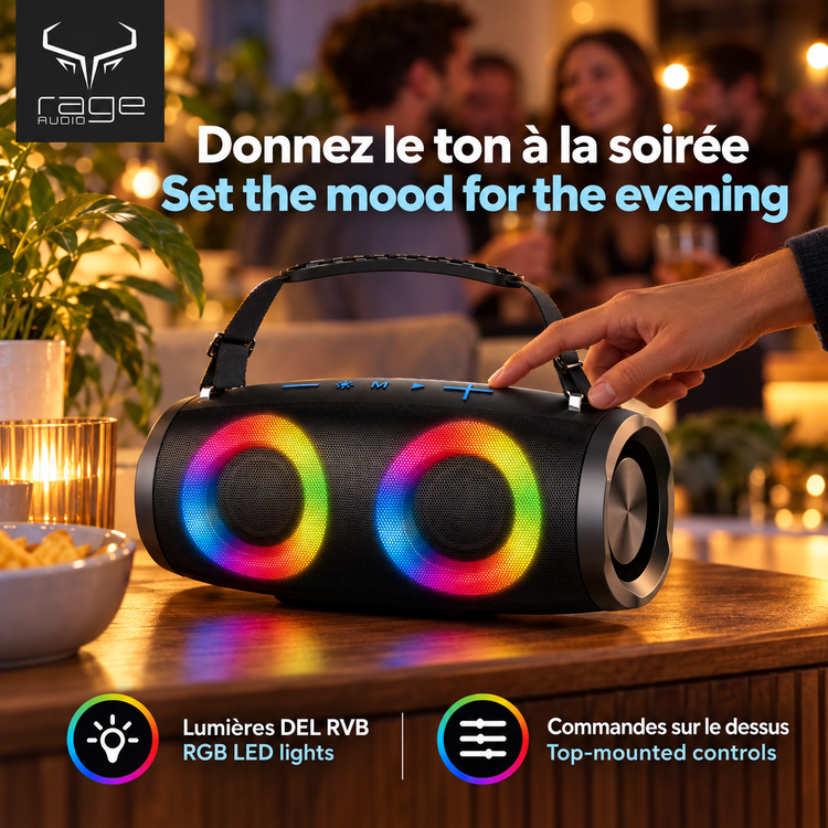 Rage Audio Haut-Parleur Sans Fil Portatif 2 x 6 W avec Lumières DEL RVB et Sangle, Noir - Simple Boutique