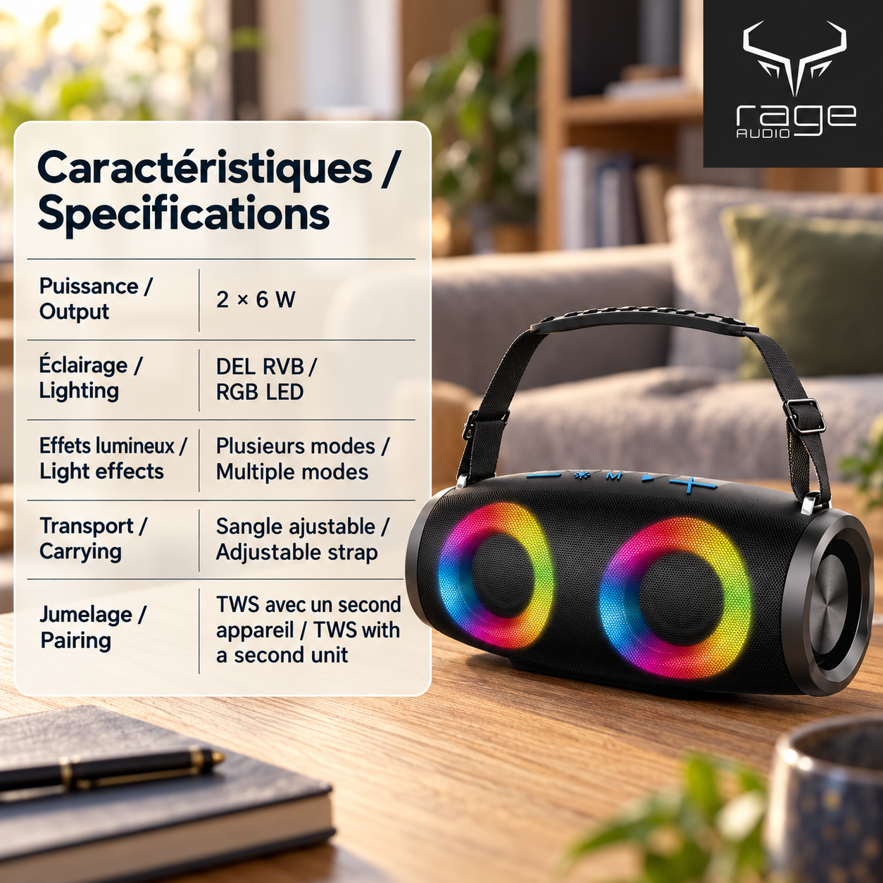 Rage Audio Haut-Parleur Sans Fil Portatif 2 x 6 W avec Lumières DEL RVB et Sangle, Noir - Simple Boutique