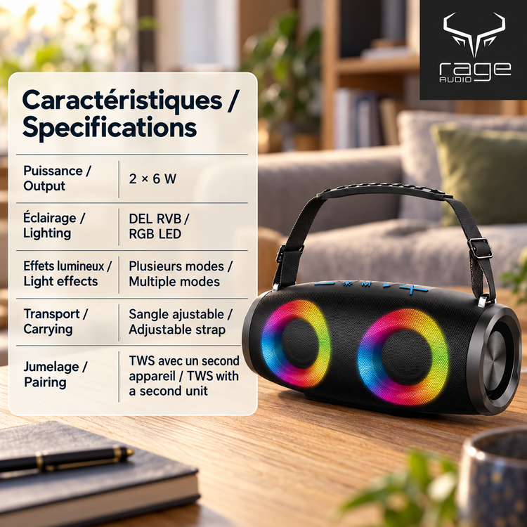 Rage Audio Haut-Parleur Sans Fil Portatif 2 x 6 W avec Lumières DEL RVB et Sangle, Noir - Simple Boutique