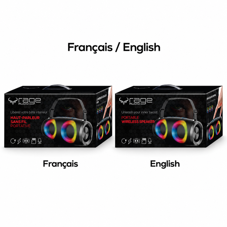 Rage Audio Haut-Parleur Sans Fil Portatif 2 x 6 W avec Lumières DEL RVB et Sangle, Noir - Simple Boutique