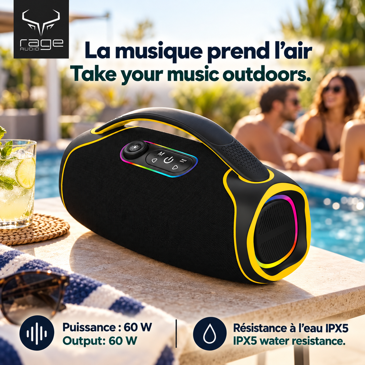 Rage Audio Haut-Parleur Sans Fil Portatif 60 W Résistant à l'Eau IPX5 avec Lumières RVB, Noir et Jaune - Simple Boutique