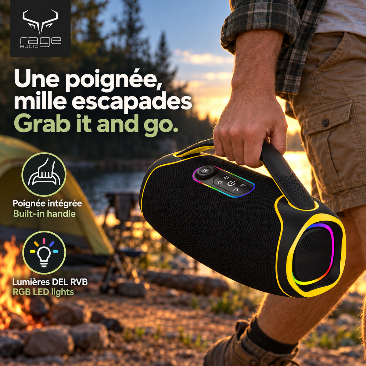 Rage Audio Haut-Parleur Sans Fil Portatif 60 W Résistant à l'Eau IPX5 avec Lumières RVB, Noir et Jaune - Simple Boutique