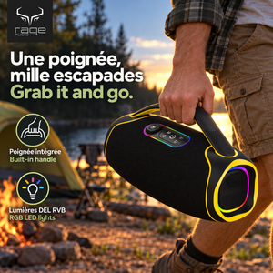 Rage Audio Haut-Parleur Sans Fil Portatif 60 W Résistant à l'Eau IPX5 avec Lumières RVB, Noir et Jaune - Simple Boutique