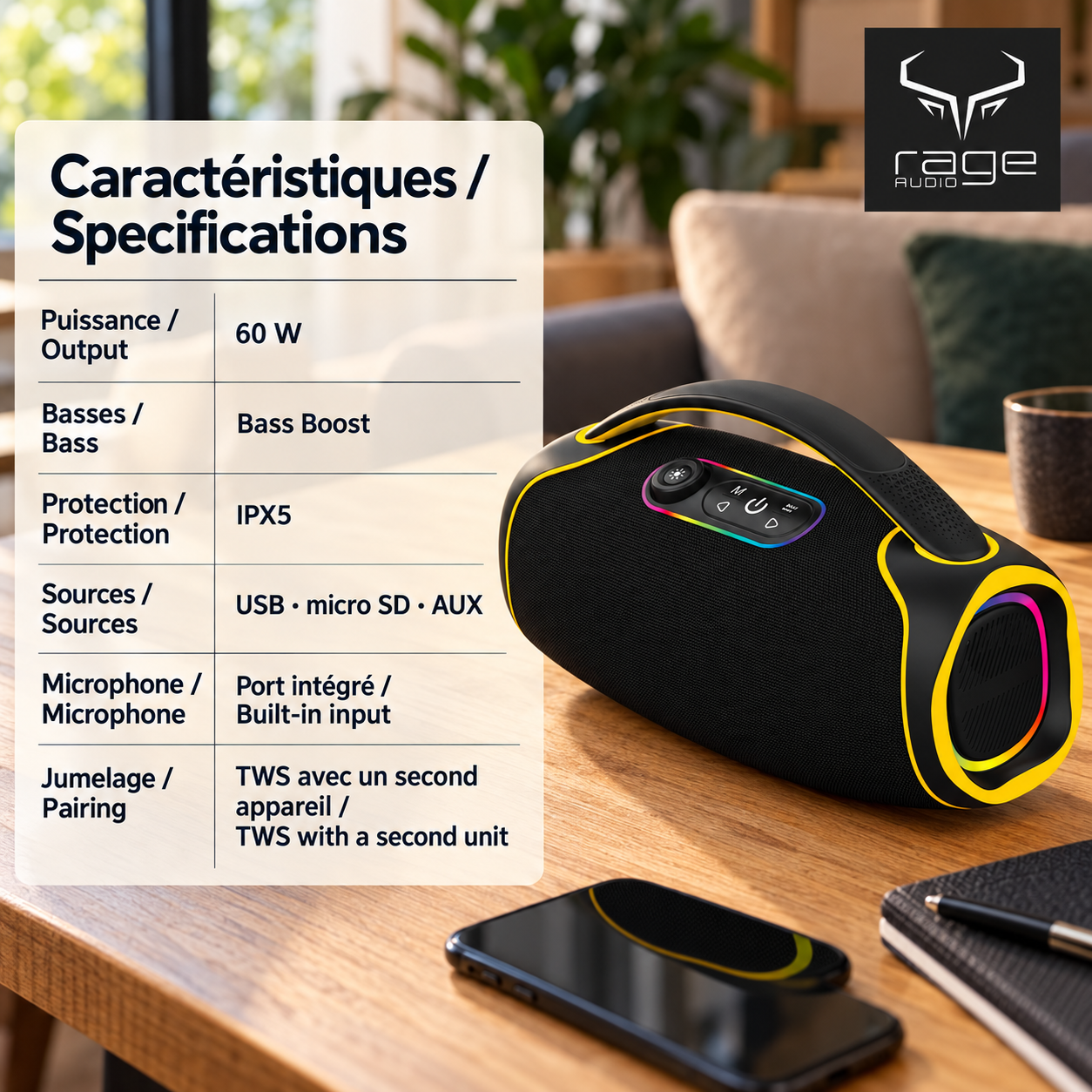 Rage Audio Haut-Parleur Sans Fil Portatif 60 W Résistant à l'Eau IPX5 avec Lumières RVB, Noir et Jaune - Simple Boutique