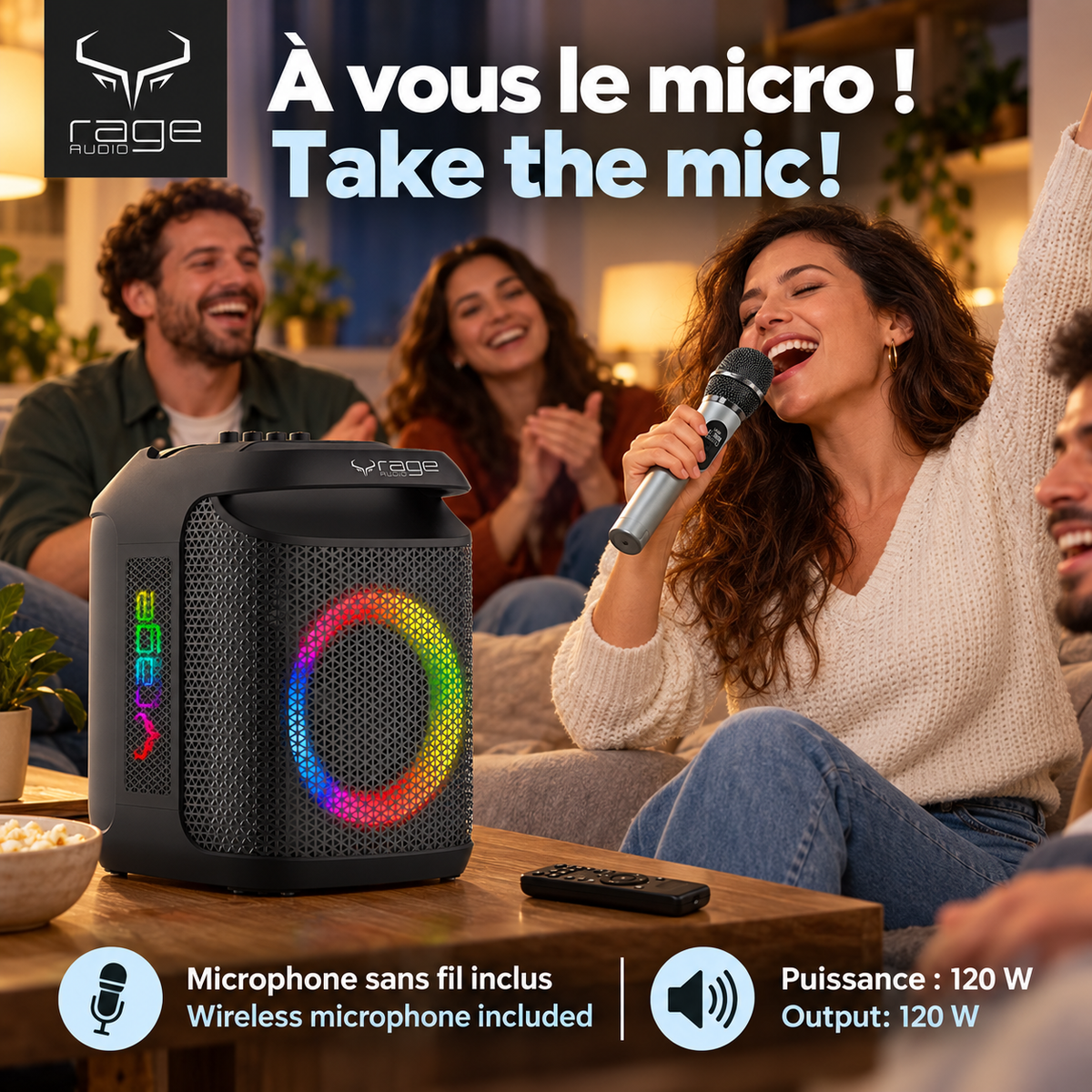 Rage Audio Haut-Parleur de Fête Sans Fil 120 W avec Microphone Sans Fil, Lumières RVB et Télécommande, Noir - Simple Boutique