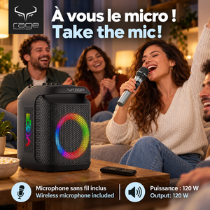 Rage Audio Haut-Parleur de Fête Sans Fil 120 W avec Microphone Sans Fil, Lumières RVB et Télécommande, Noir - Simple Boutique