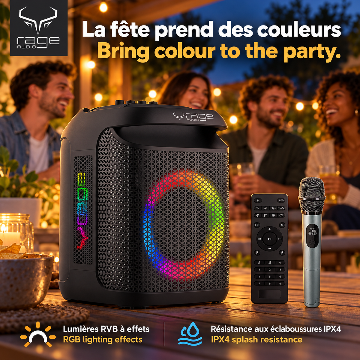 Rage Audio Haut-Parleur de Fête Sans Fil 120 W avec Microphone Sans Fil, Lumières RVB et Télécommande, Noir - Simple Boutique