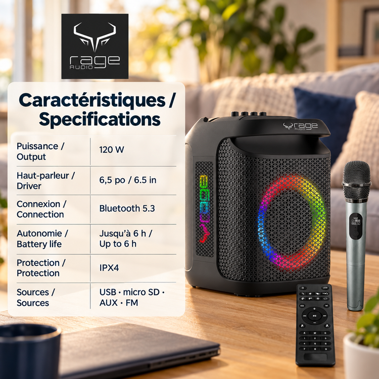 Rage Audio Haut-Parleur de Fête Sans Fil 120 W avec Microphone Sans Fil, Lumières RVB et Télécommande, Noir - Simple Boutique