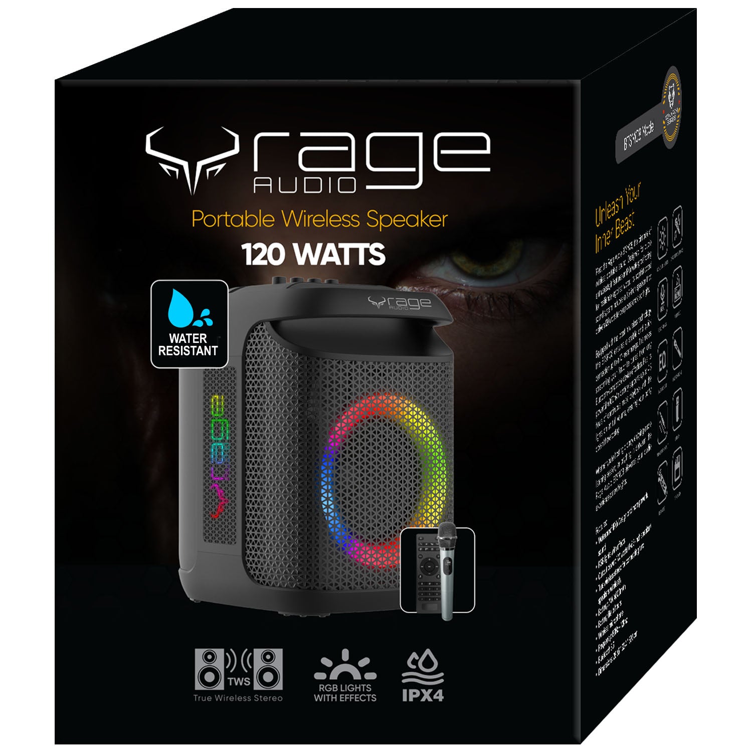 Rage Audio Haut-Parleur de Fête Sans Fil 120 W avec Microphone Sans Fil, Lumières RVB et Télécommande, Noir - Simple Boutique