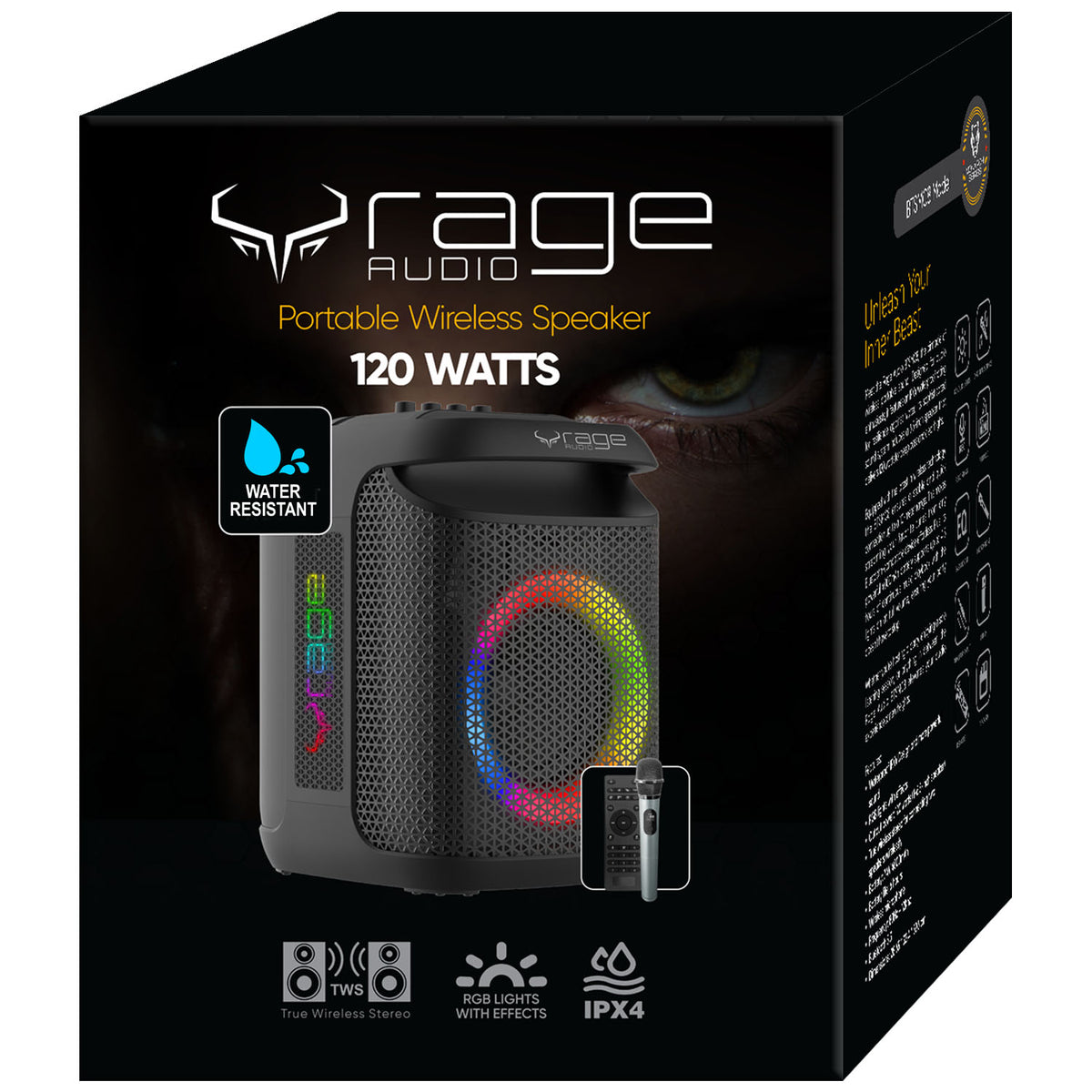 Rage Audio Haut-Parleur de Fête Sans Fil 120 W avec Microphone Sans Fil, Lumières RVB et Télécommande, Noir - Simple Boutique