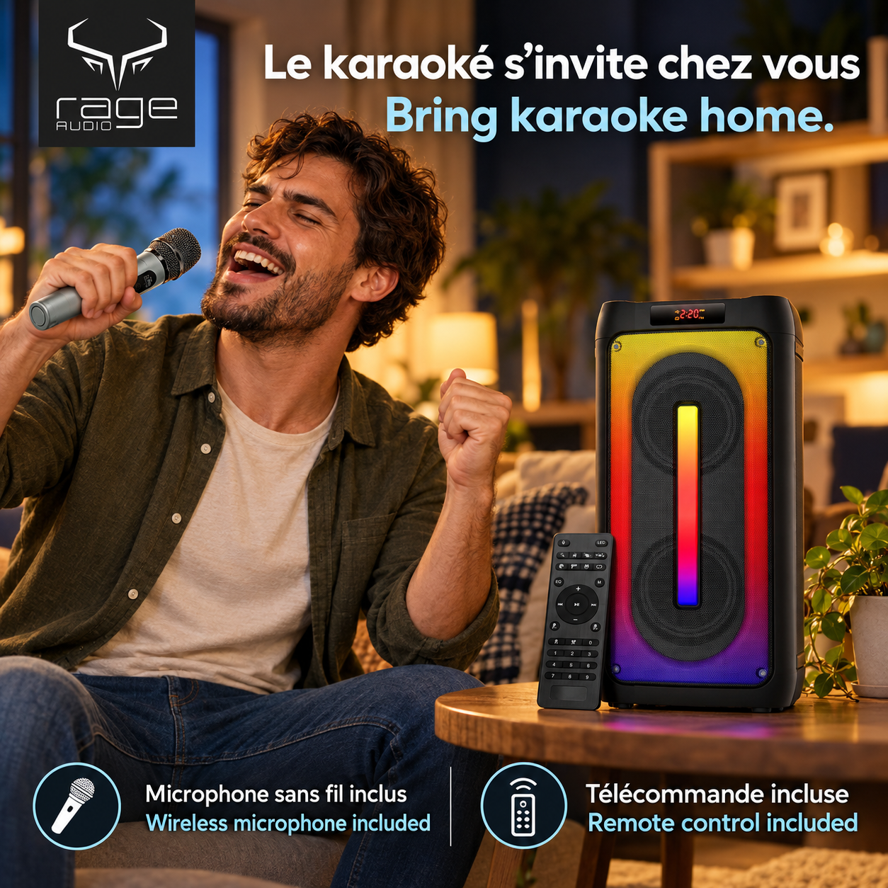 Rage Audio Haut-Parleur de Fête Sans Fil 2 x 20 W avec Microphone Sans Fil, Lumières RVB et Télécommande, Noir - Simple Boutique