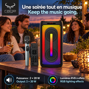 Rage Audio Haut-Parleur de Fête Sans Fil 2 x 20 W avec Microphone Sans Fil, Lumières RVB et Télécommande, Noir - Simple Boutique