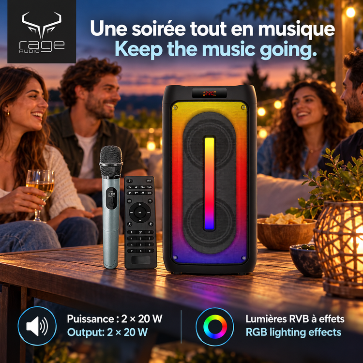 Rage Audio Haut-Parleur de Fête Sans Fil 2 x 20 W avec Microphone Sans Fil, Lumières RVB et Télécommande, Noir - Simple Boutique