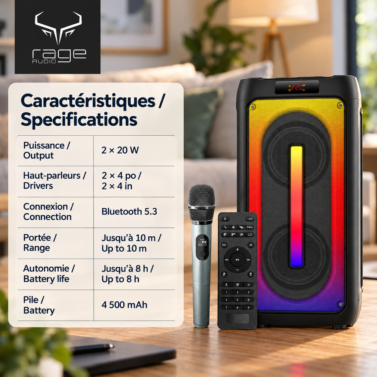 Rage Audio Haut-Parleur de Fête Sans Fil 2 x 20 W avec Microphone Sans Fil, Lumières RVB et Télécommande, Noir - Simple Boutique