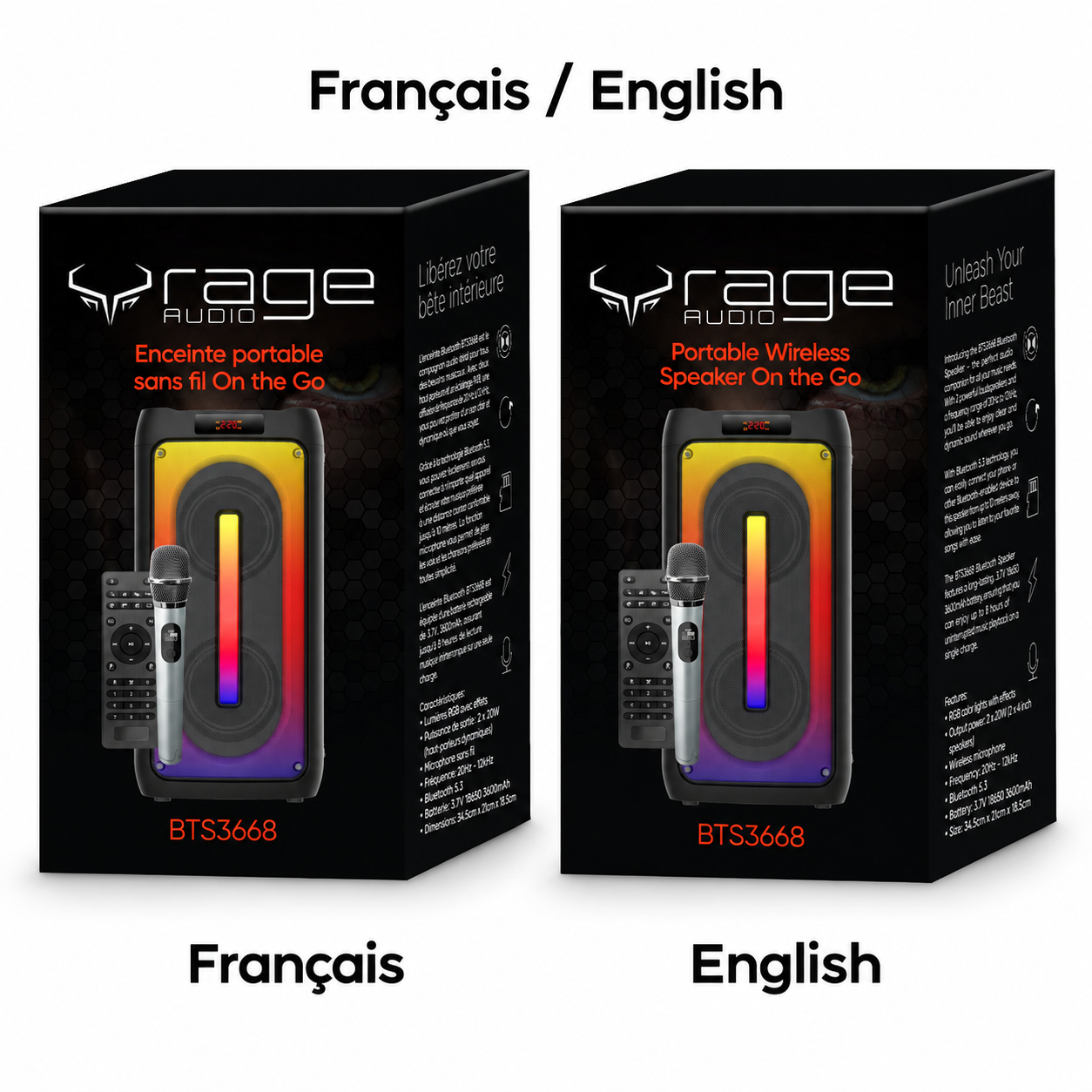 Rage Audio Haut-Parleur de Fête Sans Fil 2 x 20 W avec Microphone Sans Fil, Lumières RVB et Télécommande, Noir - Simple Boutique