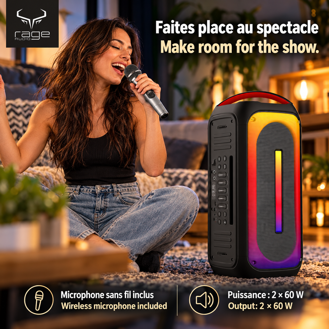 Rage Audio Haut-Parleur de Fête Sans Fil 2 x 60 W avec Microphone Sans Fil, Entrée Guitare et Lumières RVB, Noir - Simple Boutique