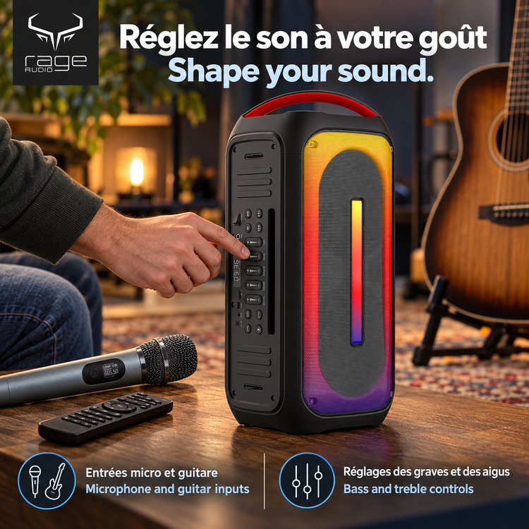 Rage Audio Haut-Parleur de Fête Sans Fil 2 x 60 W avec Microphone Sans Fil, Entrée Guitare et Lumières RVB, Noir - Simple Boutique
