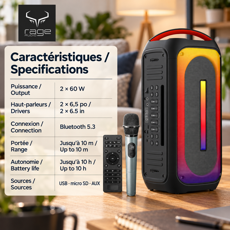 Rage Audio Haut-Parleur de Fête Sans Fil 2 x 60 W avec Microphone Sans Fil, Entrée Guitare et Lumières RVB, Noir - Simple Boutique