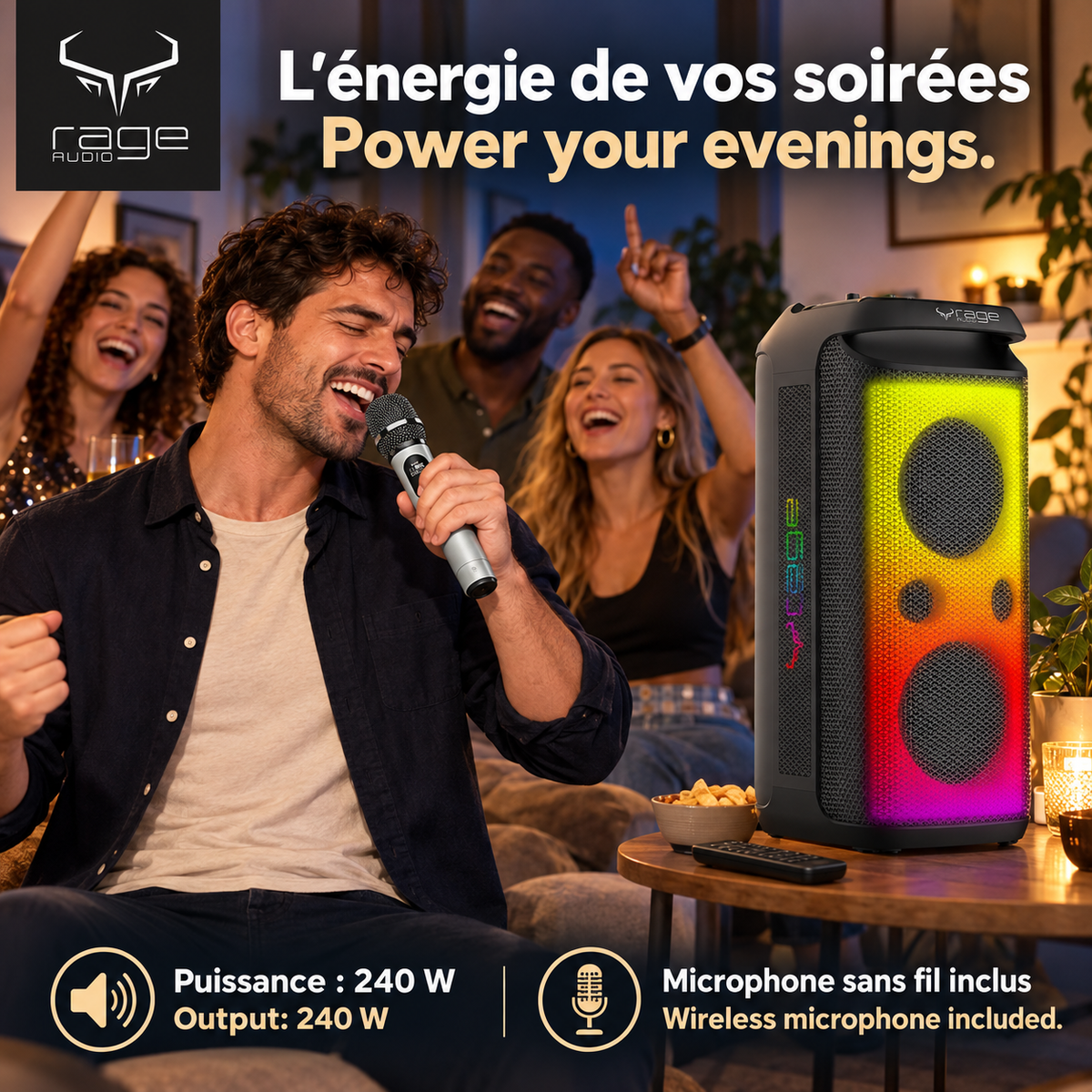 Rage Audio Haut-Parleur de Fête Sans Fil 240 W avec Microphone Sans Fil, Lumières RVB et Télécommande, Noir - Simple Boutique