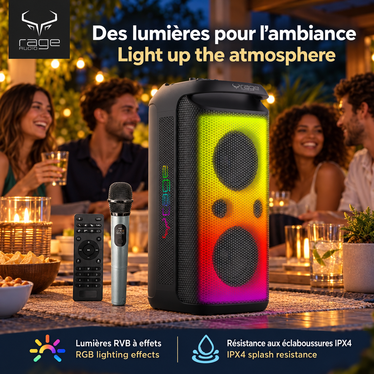 Rage Audio Haut-Parleur de Fête Sans Fil 240 W avec Microphone Sans Fil, Lumières RVB et Télécommande, Noir - Simple Boutique