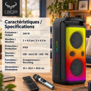 Rage Audio Haut-Parleur de Fête Sans Fil 240 W avec Microphone Sans Fil, Lumières RVB et Télécommande, Noir - Simple Boutique