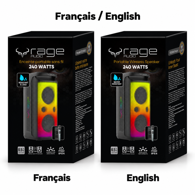 Rage Audio Haut-Parleur de Fête Sans Fil 240 W avec Microphone Sans Fil, Lumières RVB et Télécommande, Noir - Simple Boutique