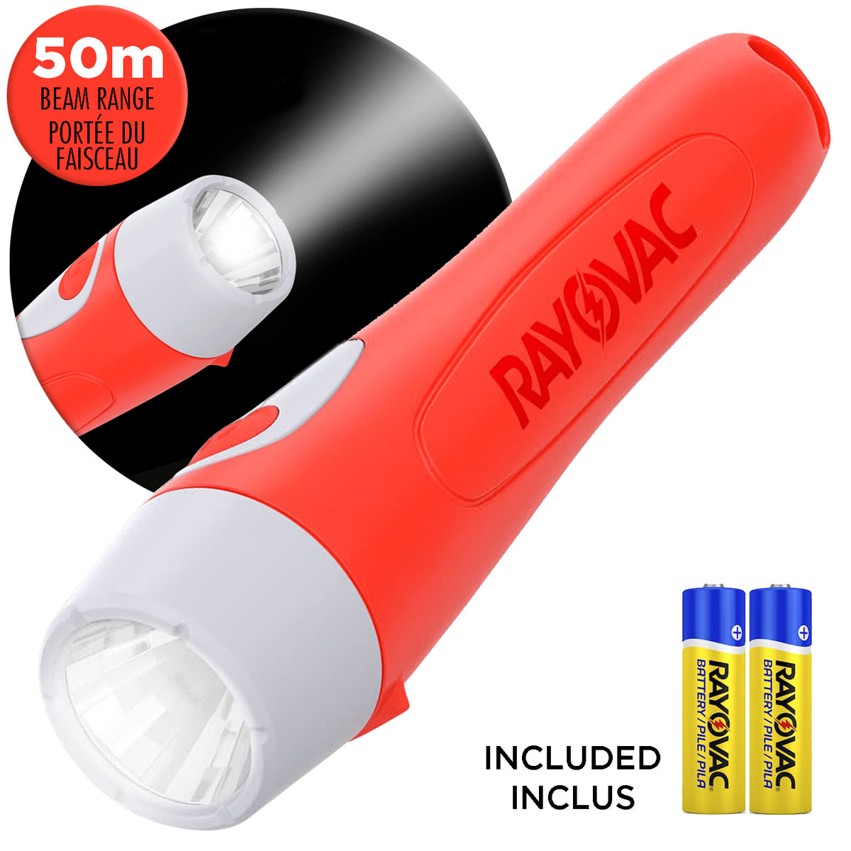 Rayovac Lampe de poche DEL 50 lumens à prise confortable, piles incluses, rouge - Simple Boutique