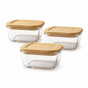 JS Gourmet Récipient alimentaire carré en verre borosilicaté avec couvercle en bambou - 1200 ml - Lot de 3 - Simple Boutique