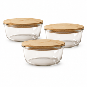 JS Gourmet Récipient alimentaire rond en verre borosilicaté avec couvercle en bambou - 1300 ml - Lot de 3 - Simple Boutique
