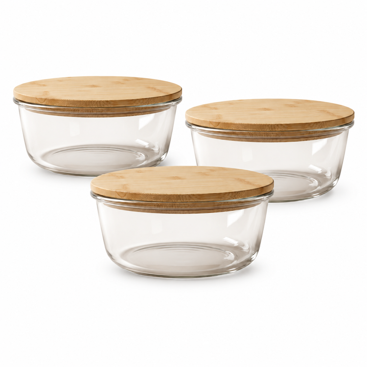 JS Gourmet Récipient alimentaire rond en verre borosilicaté avec couvercle en bambou - 1300 ml - Lot de 3 - Simple Boutique