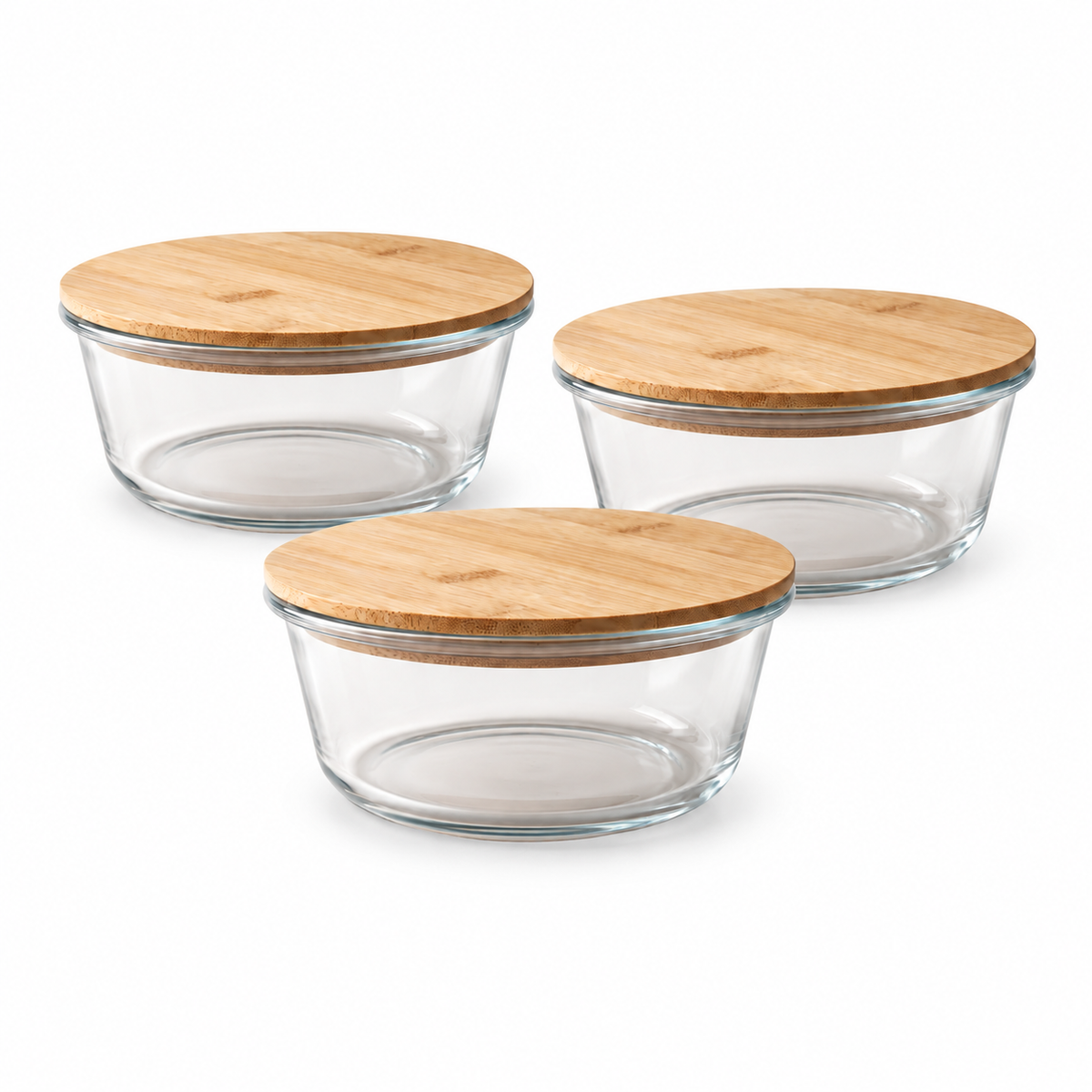 JS Gourmet Récipient alimentaire rond en verre borosilicate avec couvercle en bambou - Lot de 3 - Simple Boutique