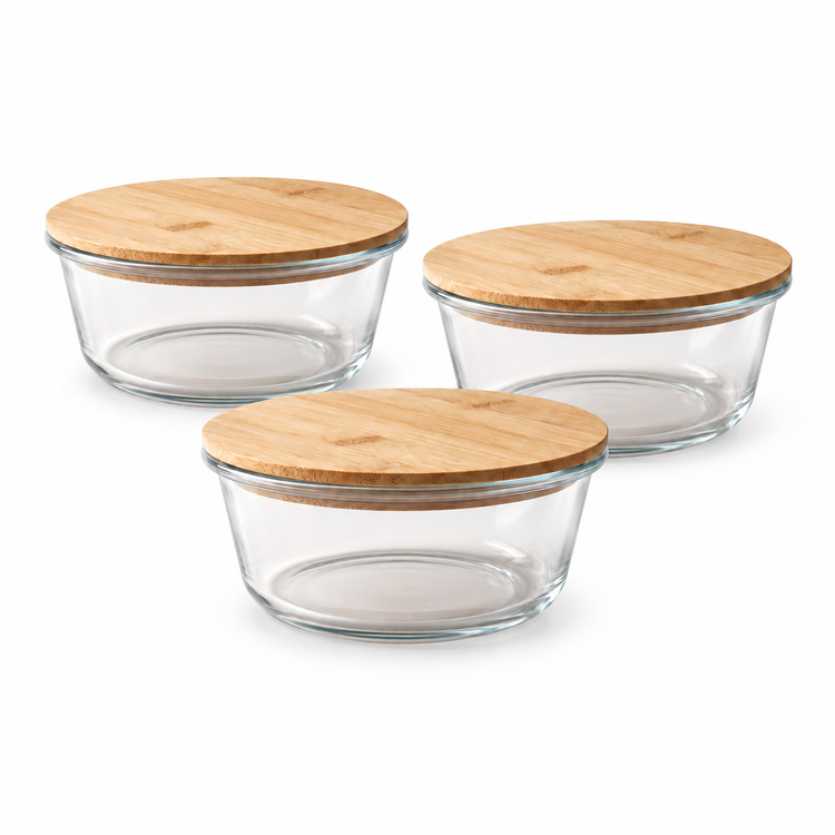 JS Gourmet Récipient alimentaire rond en verre borosilicate avec couvercle en bambou - Lot de 3 - Simple Boutique