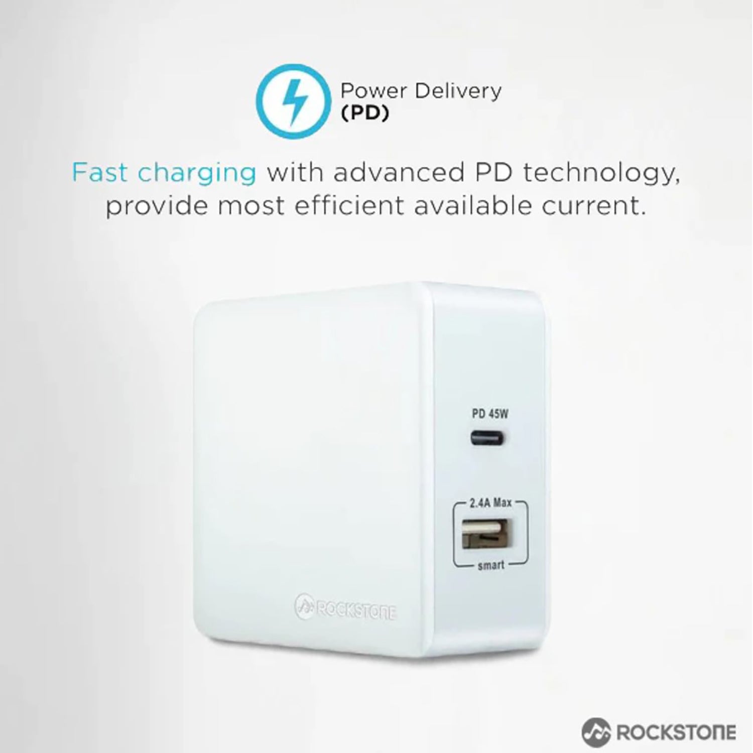 Rockstone - Chargeur Mural PD45 avec Prise USB-A 2.4A et USB-C 45W, Blanc - Simple Boutique