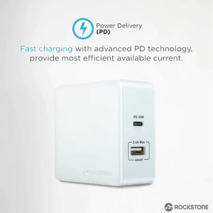 Rockstone - Chargeur Mural PD45 avec Prise USB-A 2.4A et USB-C 45W, Blanc - Simple Boutique